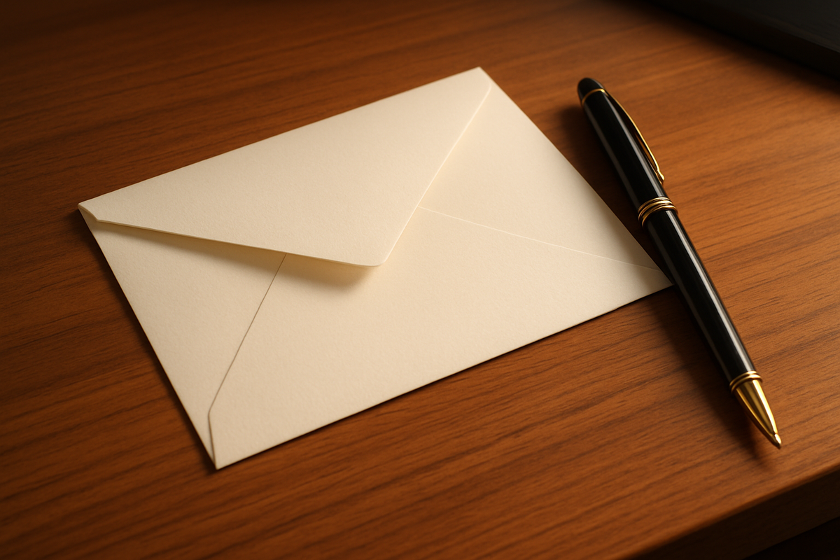 sobre de carta con una lapicera al lado en una mesa